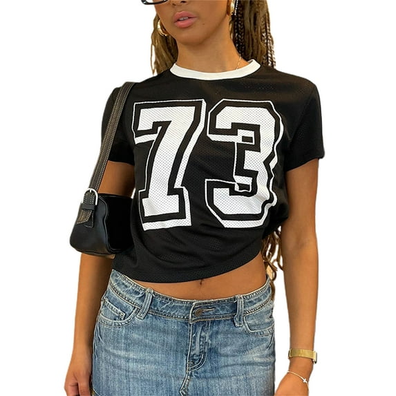 Rdhnmea Women's Summer Slim Cropped Tops Number Print Short Sleeve Round-Neck T-Shirt Streetwear