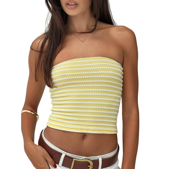 Rdhnmea Women's Summer Tube Tops Sleeveless Off Shoulder Bandeau Strapless Knit Striped Tanks Tops