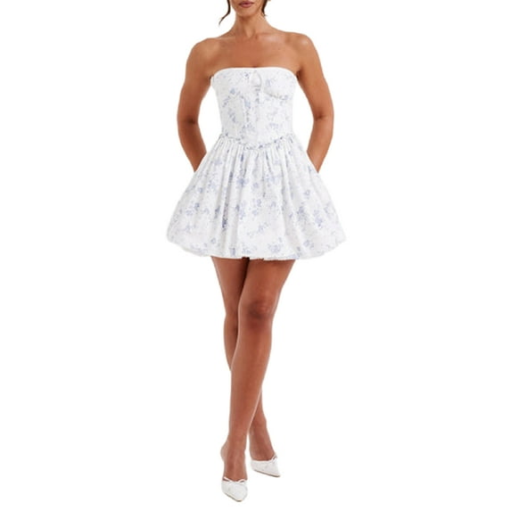 Rdhnmea Women's Sweet Corset Mini Dress Off Shoulder Strapless Bustier Tie-up Front Lace Trim Tube Top Dress Short Party Dress