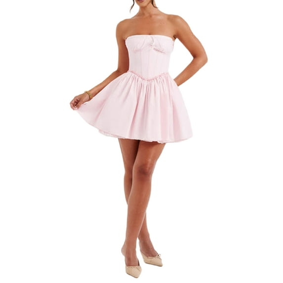 Rdhnmea Women's Sweet Corset Mini Dress Off Shoulder Strapless Bustier Tie-up Front Lace Trim Tube Top Dress Short Party Dress