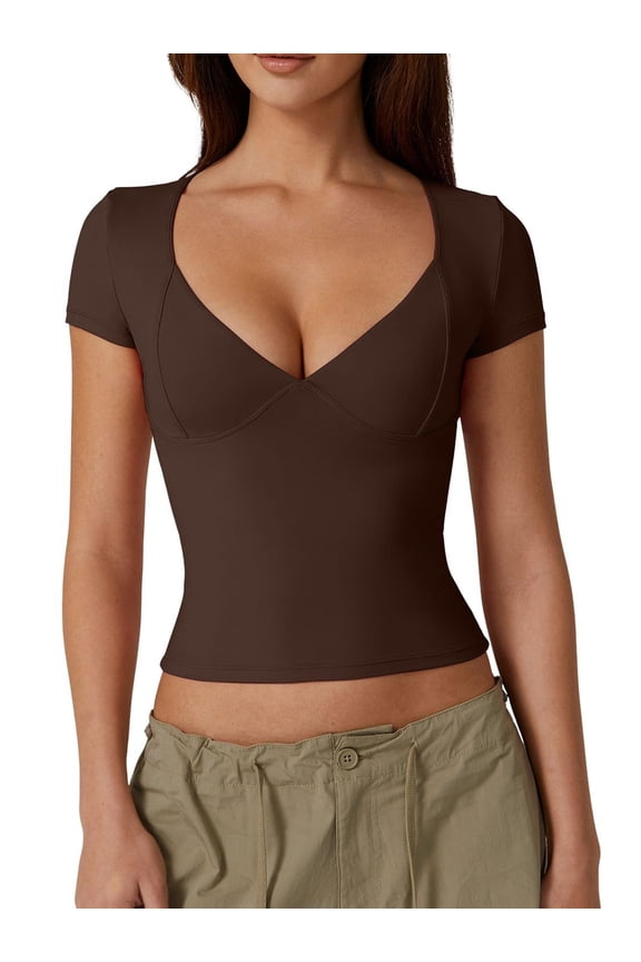 Women's Sweetheart V Neck Short Sleeve T Shirts Double Lined Tee Seamed Cup Going Out Tops