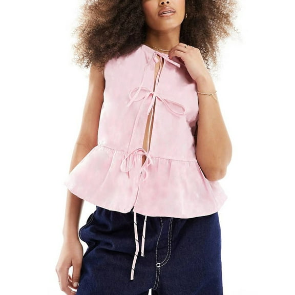 Rdhnmea Women's Tie-up Tank Tops Classic Stripes Print/Solid Color Sleeveless Round Neck Ruffle Vest Summer Shirts Streetwear