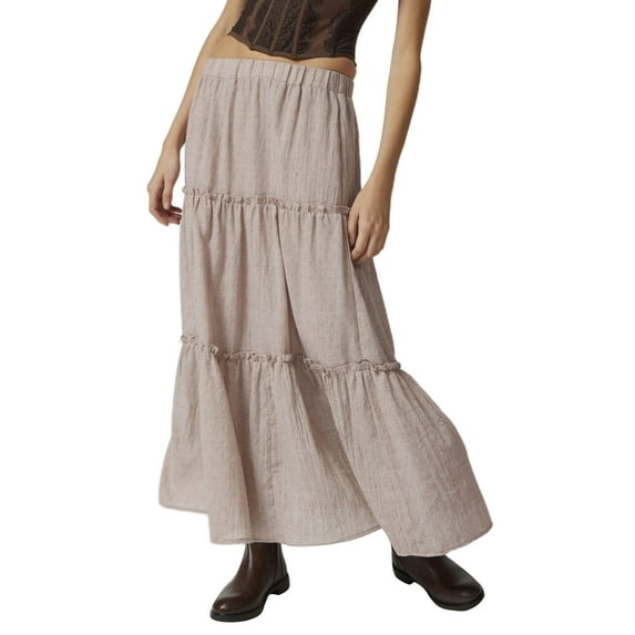 Rdhnmea Women's Tiered Long Skirts Vintage Elastic Waist Frill Trim Skirts