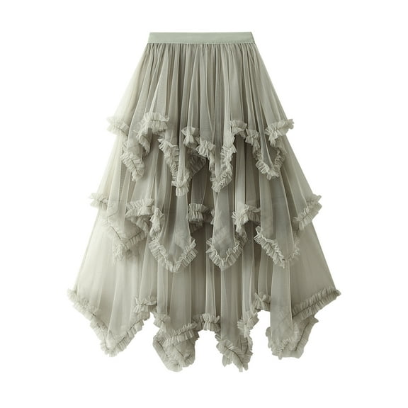 Rdhnmea Women's Tiered Tulle Long Skirt Asymmetrical Pleated Elastic High Waist Layered Tutu Skirt Frill Trim Ruffle Midi Skirt
