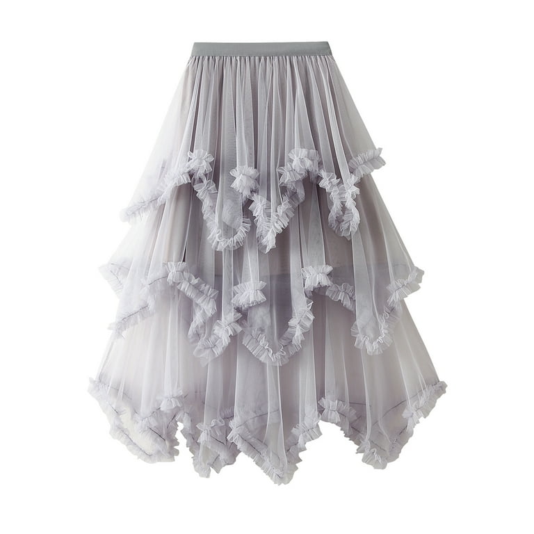 Rdhnmea Women's Tiered Tulle Long Skirt Asymmetrical Pleated