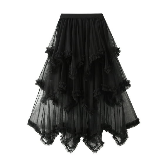 Rdhnmea Women's Tiered Tulle Long Skirt Asymmetrical Pleated Elastic High Waist Layered Tutu Skirt Frill Trim Ruffle Midi Skirt