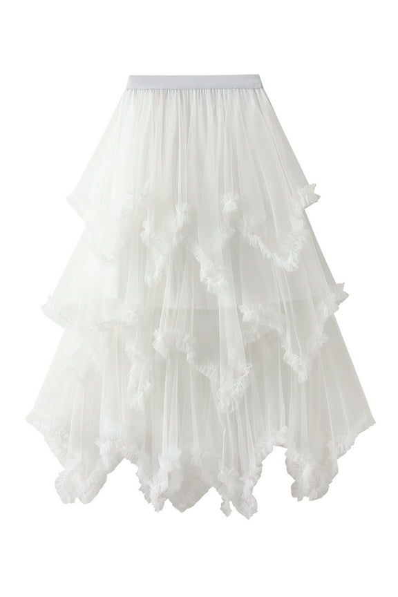 Women's Tiered Tulle Long Skirt Asymmetrical Pleated Elastic High Waist Layered Tutu Skirt Frill Trim Ruffle Midi Skirt