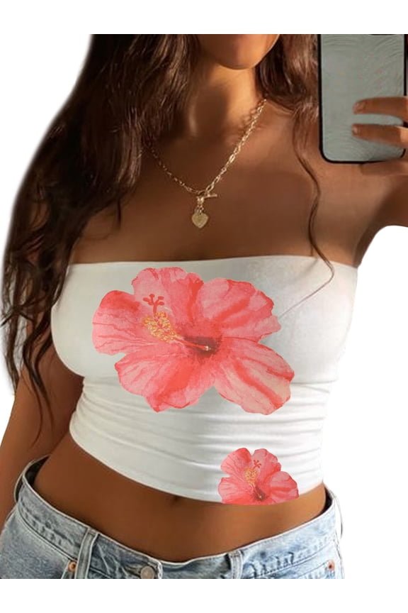 Women's Tube Tops Floral Print Boat Neck Bandeau Tanks Backless Shirts Strapless Summer Tank Tops Sleeveless Blouse