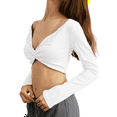 thumbnail image 1 of Rdhnmea Women’s Twist Front Crop Top Long Sleeve Deep V Neck Asymmetrical Shirt Solid Color Slim Fit T-Shirts Blouse, 1 of 6
