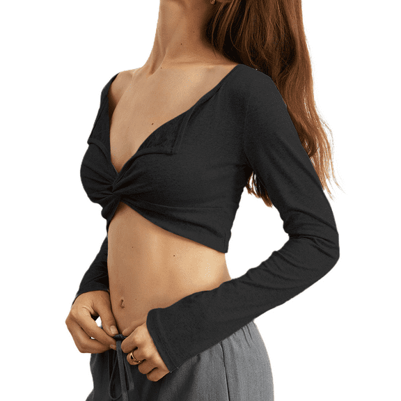 Rdhnmea Women’s Twist Front Crop Top Long Sleeve Deep V Neck Asymmetrical Shirt Solid Color Slim Fit T-Shirts Blouse