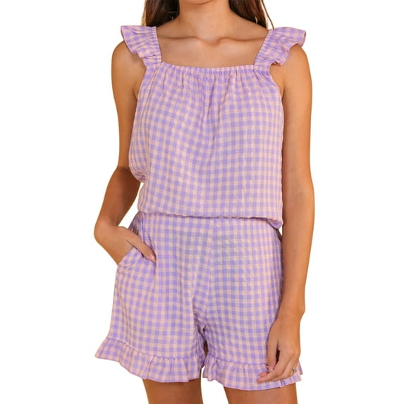 Rdhnmea Women’s Two Piece Pajamas Set Plaid Print Ruffle Tank Tops and Shorts