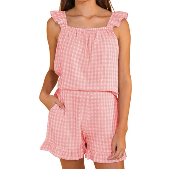 Rdhnmea Women’s Two Piece Pajamas Set Plaid Print Ruffle Tank Tops and Shorts
