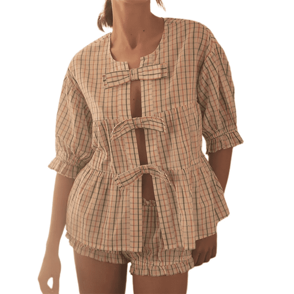 Rdhnmea Women’s Two Piece Pajamas Set Short Sleeve Bow Front Plaid Tops Shorts
