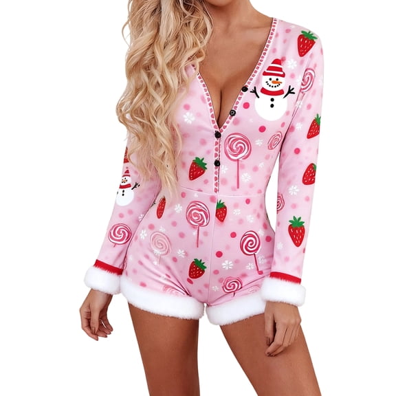 Rdhnmea Women's Women Christmas Pajamas Romper Sexy V Neck Button Up Long Sleeve Fur Trim Bodycon Shorts Jumpsuit Xmas Pjs Overall