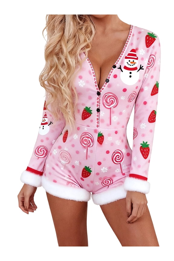 Women's Women Christmas Pajamas Romper Sexy V Neck Button Up Long Sleeve Fur Trim Bodycon Shorts Jumpsuit Xmas Pjs Overall