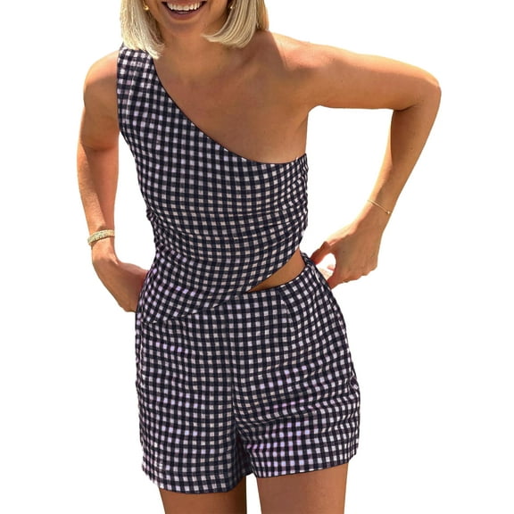 Rdhnmea Women's Y2K 2 Piece Gingham Shorts Set Plaid Checkered One Shoulder Tank Tops+High Waist Shorts Pajamas Sets Jumpsuit