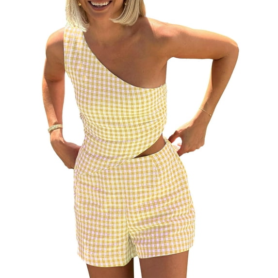 Rdhnmea Women's Y2K 2 Piece Gingham Shorts Set Plaid Checkered One Shoulder Tank Tops+High Waist Shorts Pajamas Sets Jumpsuit