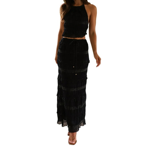 Rdhnmea Women's Y2k 2 Piece Outfits Shirred Halter Neck Tie-Up Tank Tops and Ruched Ruffle Maxi Skirt Sets Vacation Beachwear
