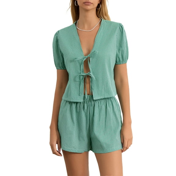 Rdhnmea Women's Y2k 2 Piece Pajamas Set Puff Sleeve Peplum Tie Front Tops Elastic Waist Shorts Plaid Lounge Sleepwear 2Pcs PJs