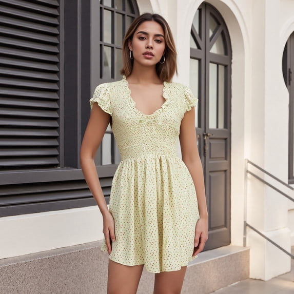 Rdhnmea Women's Y2k Mini Smocked Romper Gingham Deep V Neck Short Sleeve Boho Romper Dress Shorts Plaid Dress Beach Vacation Streetwear