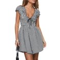 thumbnail image 1 of Rdhnmea Women's Y2k Mini Smocked Romper Gingham ​Deep V Neck Short Sleeve Boho Romper Dress Shorts Plaid Dress Beach Vacation Streetwear, 1 of 9