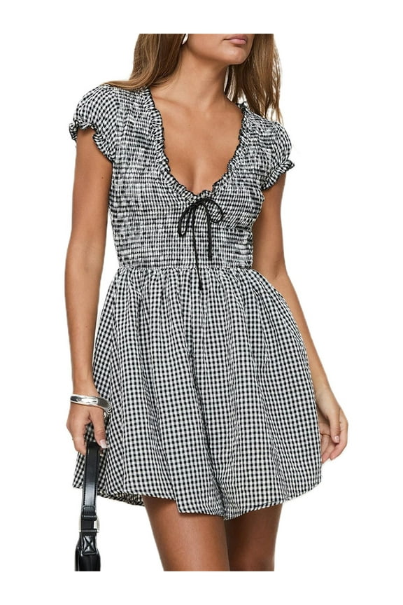 Women's Y2k Mini Smocked Romper Gingham ​Deep V Neck Short Sleeve Boho Romper Dress Shorts Plaid Dress Beach Vacation Streetwear