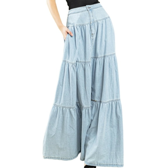 Rdhnmea Womens Denim Long Skirt Stylish Solid High Waist A-Line Jean Skirt