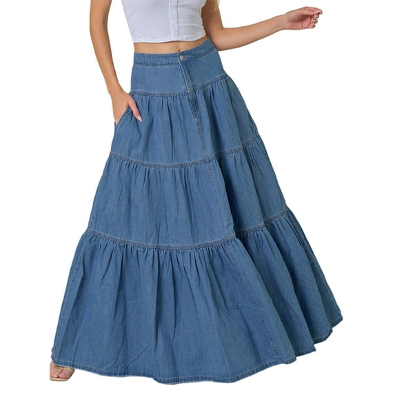 Rdhnmea Womens Denim Long Skirt Stylish Solid High Waist A-Line Jean Skirt