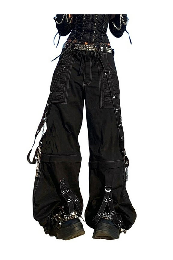Womens Gothic Punk Cargo Pants Low Waisted Y2K Wide Leg Baggy Boyfriend Denim Jeans Trousers Harajuku Streetwear