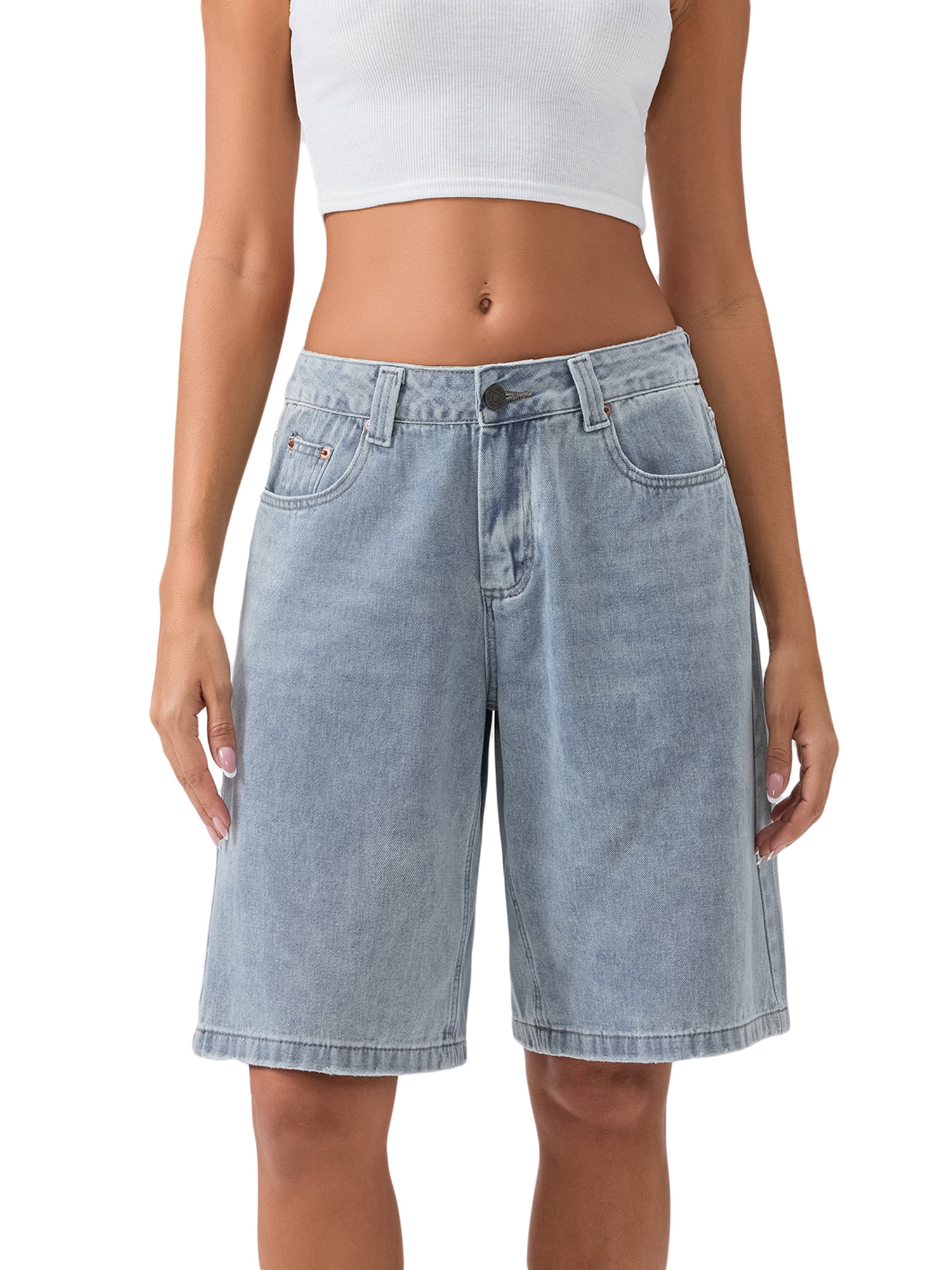 Rdhnmea Womens Knee Length Denim Shorts Loose Low Rise Wide Leg