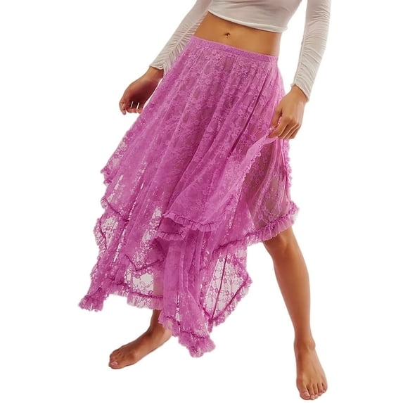 Rdhnmea Womens Lace Long Skirts Elastic Asymmetrical Layered Hem Sexy See-Through Flowy Skirts Floral Beach Maxi Skirt