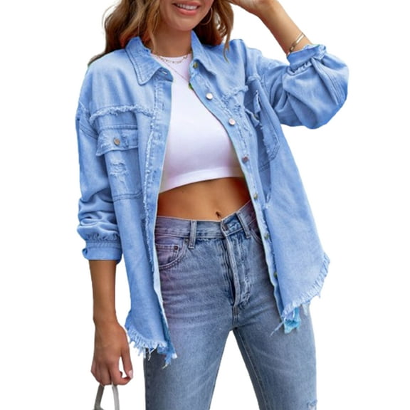 Rdhnmea Womens Oversized Ripped Distressed Denim Jacket Frayed Hem Button Front Boyfriend Jean Coat Western Shacket with Pockets