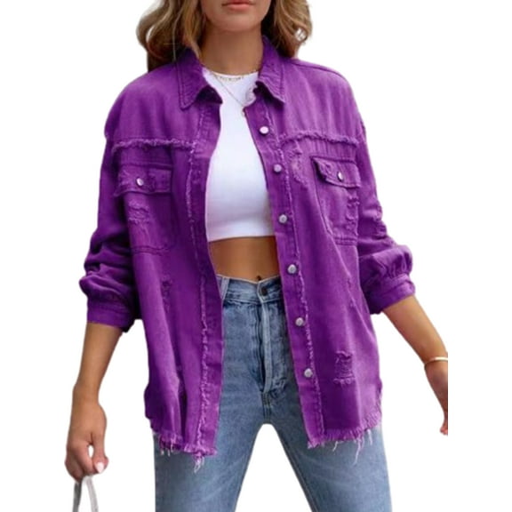 Rdhnmea Womens Oversized Ripped Distressed Denim Jacket Frayed Hem Button Front Boyfriend Jean Coat Western Shacket with Pockets