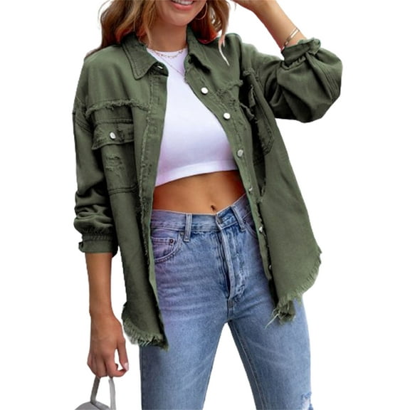Rdhnmea Womens Oversized Ripped Distressed Denim Jacket Frayed Hem Button Front Boyfriend Jean Coat Western Shacket with Pockets