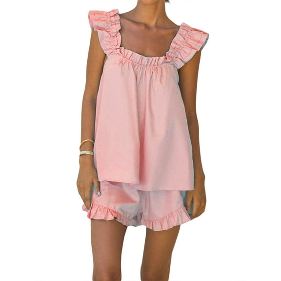 Rdhnmea Womens Pajama Sets 2 Piece Summer Ladies Ruffled Sleeveless Cami Crop Top Tank Shorts Sets Lounge Sleepwear Pjs Set