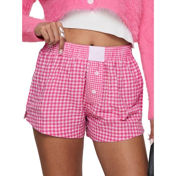 Rdhnmea Womens Plaid Shorts Button Contrast Color Elastic Waist Lounge Shorts