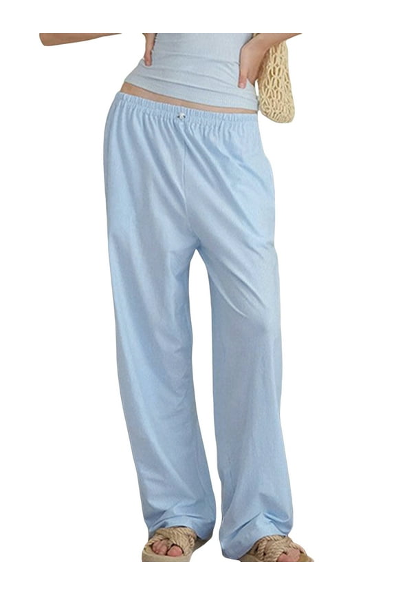 Womens Striped Pants Mini Flower Elastic Waistband Wide Leg Trousers