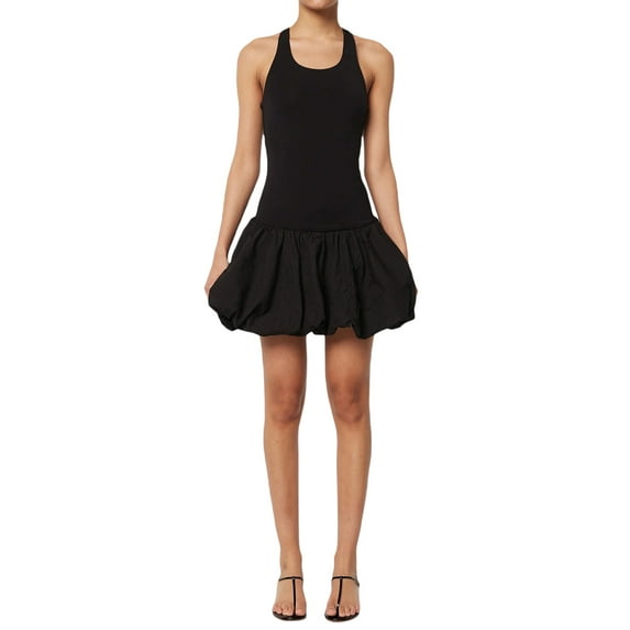 Rdhnmea Womens Summer Halter Neck Sleeveless Mini Dress Solid Color Flowy Beach Sundress Bubble Hem Casual Dress