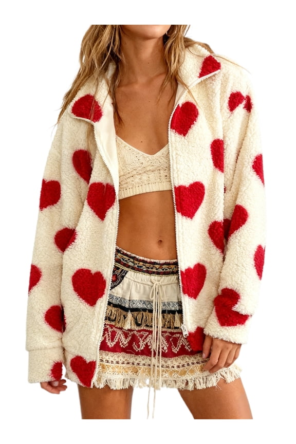 Womens Valentines Day Fuzzy Jacket Oversized Heart Print Zip Up Outerwear Casual Fleece Heart Graphic Coats with Poakets Warm Sherpa Jacket