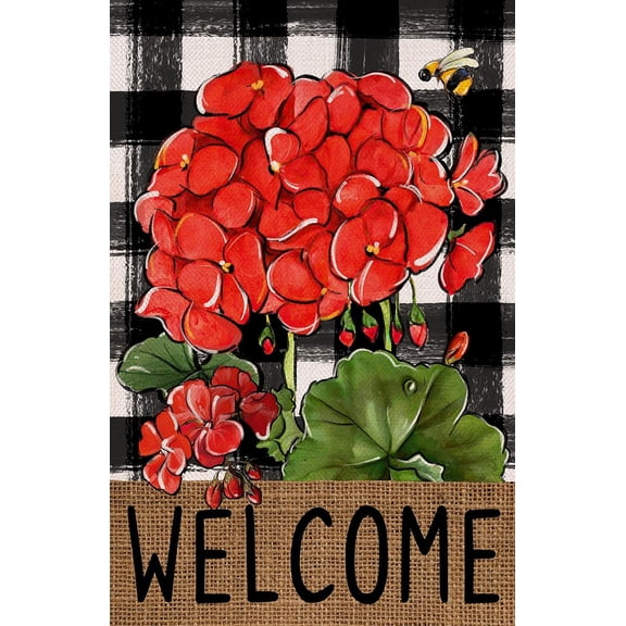 Rdsfhsp 12" x 18" Welcome Spring Geranium Garden Flag, Double-Sided Flower Buffalo Plaid Outdoor
