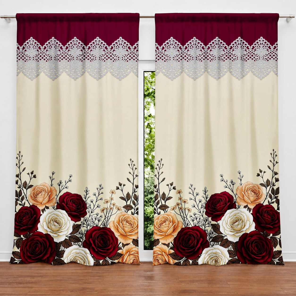 Rdsfhsp 2 Panel Window Curtains, Polyester, Rose Floral Border and Lace ...