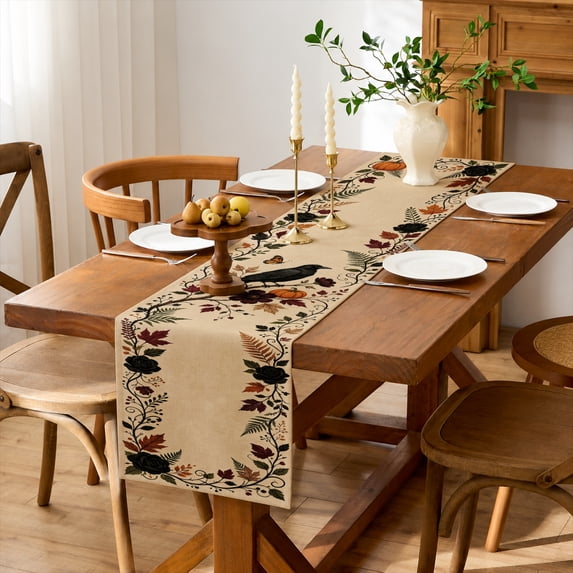 Rdsfhsp Autumn Botanical Linen Table Runner 13x72 Inch, Pumpkin Leaf Bird Pattern Table Runner for Dining Table Decor, Fall Harvest Kitchen Farmhouse Decoration
