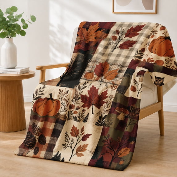 Rdsfhsp Autumn Harvest Pumpkin Maple Leaves Plaid Grid Flannel Throw Blanket Soft Warm Cozy Fleece Blanket Thanksgiving Decor