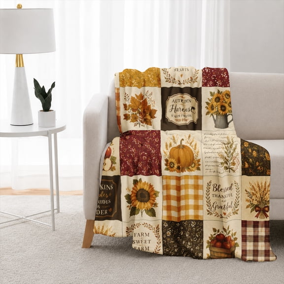 Rdsfhsp Autumn Pumpkin Flannel Fleece Blanket, Fall Harvest Patchwork Throw Blanket, Soft Cozy Warm Blanket for Bedroom Sofa Decor 50"x40"