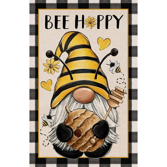 Rdsfhsp Bee Happy Gnome Spring Decorative Garden Flag, Buffalo Plaid Check Summer Yard Outside Decorations, Farmhouse Outdoor Small Home Decor Double Sided 12 x 18