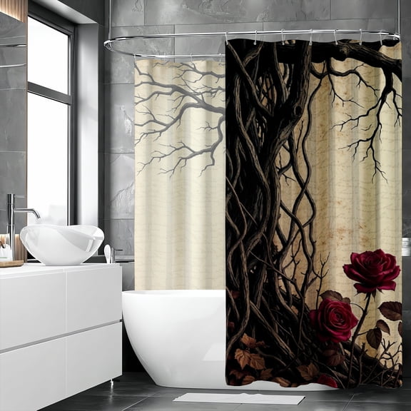 Rdsfhsp Black Cat Rose Shower Curtain, Gothic Botanical Bathroom Decor Curtain, Artistic Fabric Shower Curtain
