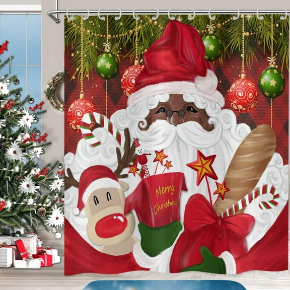 Rdsfhsp Black Santa Shower Curtain, Christmas Claus Merry Xmas Pattern Snowflake Pine Tree Holiday Bath Curtain Waterproof Fabric with Hooks for Home Decor, 72Wx72H