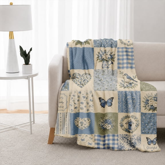 Rdsfhsp Blue Floral Patchwork Flannel Fleece Blanket, Vintage Farmhouse Throw Blanket, Soft Cozy Warm Blanket for Sofa Bed Home Decor 50"x40"