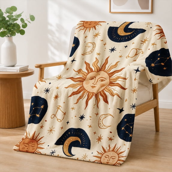 Rdsfhsp Boho Celestial Sun Moon Stars Constellation Flannel Throw Blanket Soft Warm Fleece Blanket for Bedroom Living Room Decor