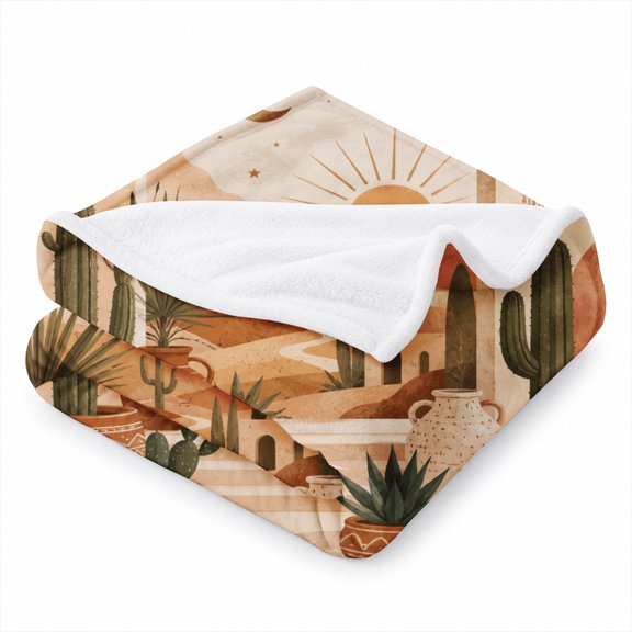 Rdsfhsp Boho Desert Throw Blanket, Soft Plush Flannel Fleece Throws with Cactus, Terracotta Pots, Sun, Moon and Desert Landscape Design, Cozy Blanket for Couch, Bed, Southwest Home Decor, Boho Gift